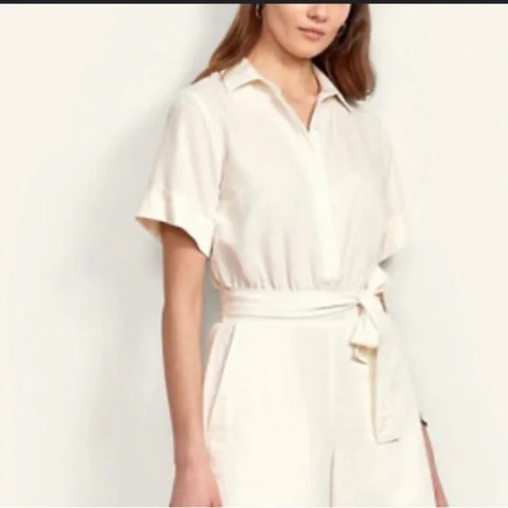 Ann Taylor Linen Blend Romper Size 16 Cream Belted Short Sleeves Pockets Smocked